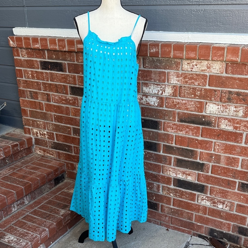 True Destinations Resortwear Aqua Blue Cotton Lace Eyelet Halter Midi Dress Sz M